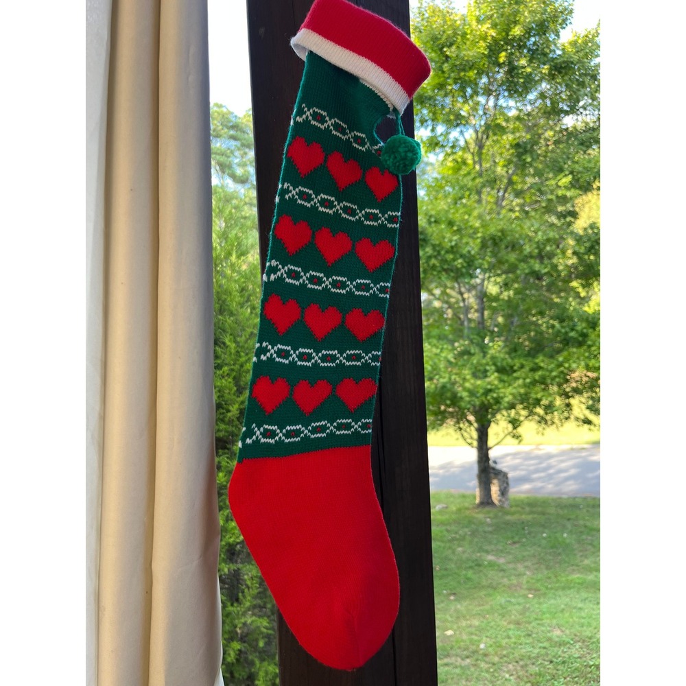 Vintage Knit Christmas Stocking Green Red Hearts Fair Isle Pom Pom Holiday Decor